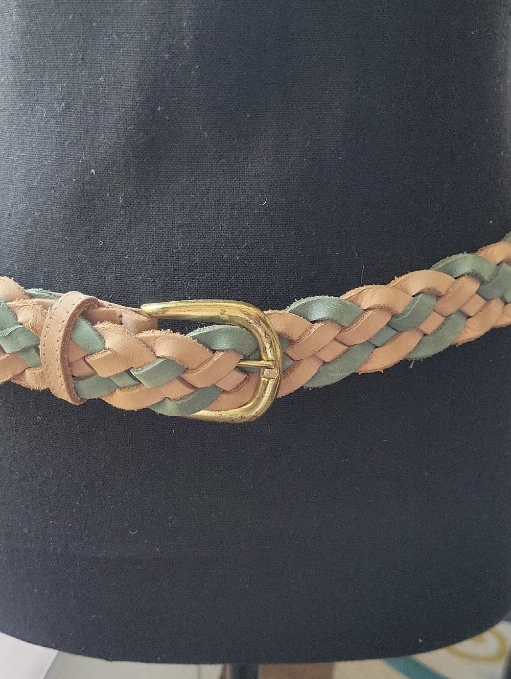 The Limited Braided Leather Tan and Green Belt with Gold Buckle